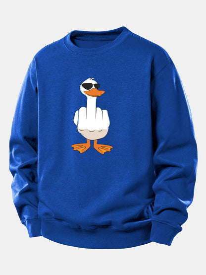Moletom de Corte Relaxado com Estampa Engraçada de Pato Mostrando o Dedo Médio
