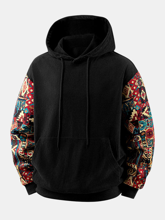Geometric Jacquard Corduroy Patchwork Hoodie & Trousers Set