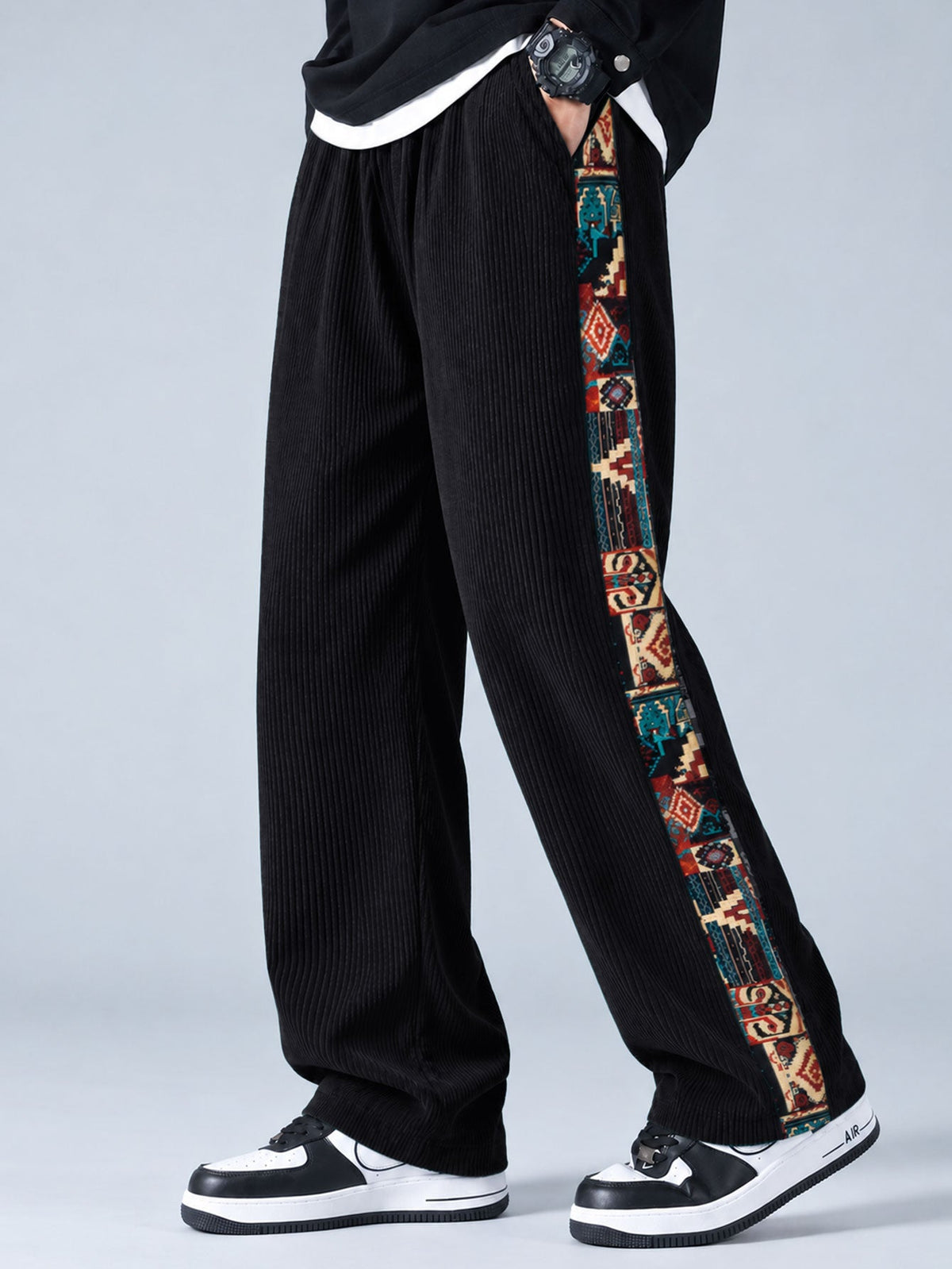 Geometric Jacquard Corduroy Patchwork Hoodie & Trousers Set