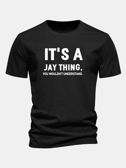 Camiseta de algodão com estampa “É Coisa do Jay” e corte regular