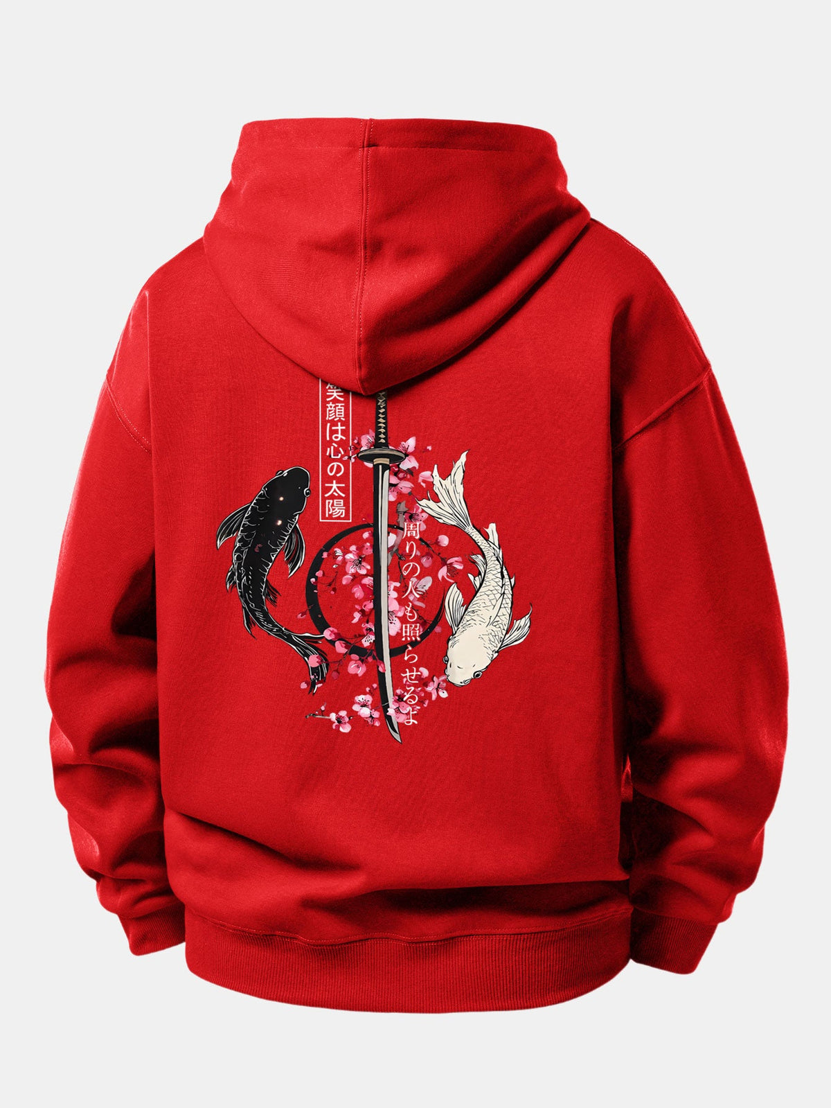 Moletom de caimento confortável com estampa de samurai japonês, katana, carpas koi e sakura