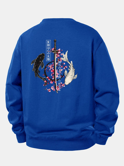 Moletom de modelagem confortável com estampa de samurai japonês, katana, peixe koi e sakura
