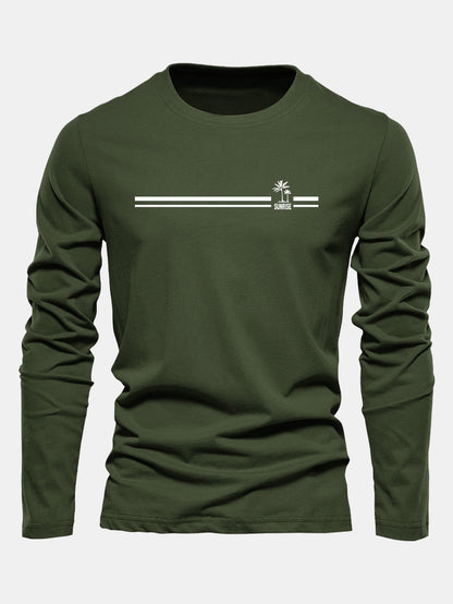 Camiseta de algodão com estampa listrada de palmeiras e mangas longas