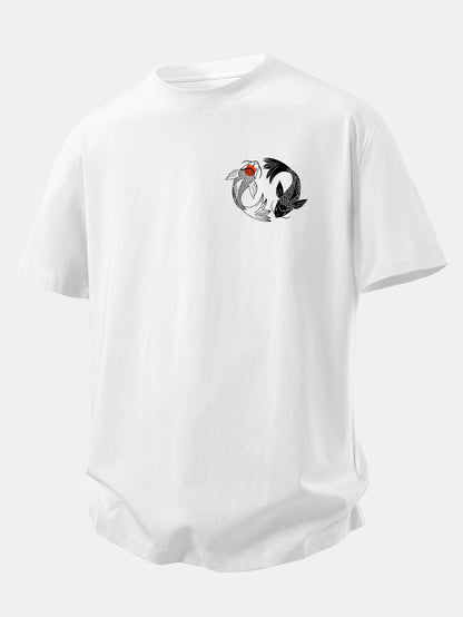 Camiseta de algodão com estampa japonesa de carpas koi e caimento confortável