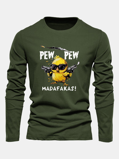 "Pew Pew" Chicken Print Long Sleeve Cotton T-Shirt