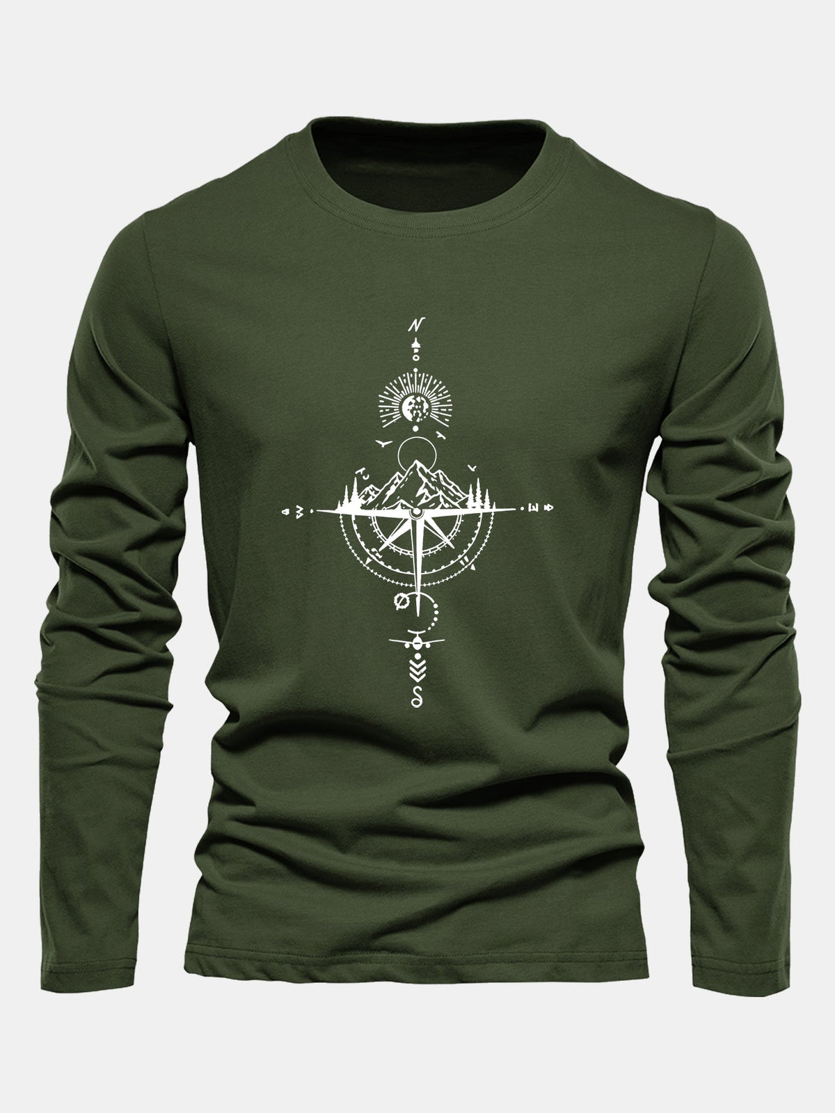 Compass & Mountain Print Long Sleeve Cotton T-Shirt