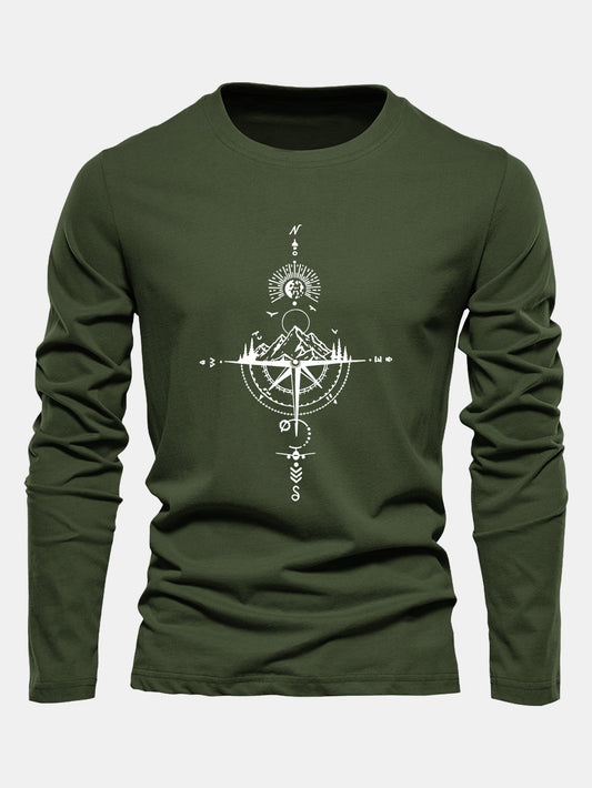 Compass & Mountain Print Long Sleeve Cotton T-Shirt