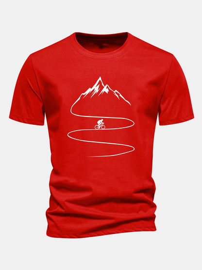 Camiseta de algodão com estampa de ciclismo e montanha, caimento regular