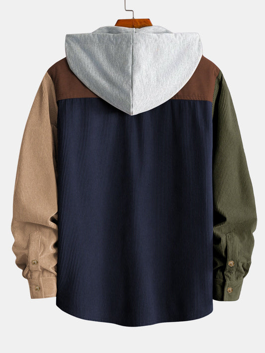 Camisa de veludo cotelê com capuz e blocos de cores