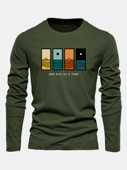 Camiseta de algodão de manga longa com estampa “Um dia de cada vez”
