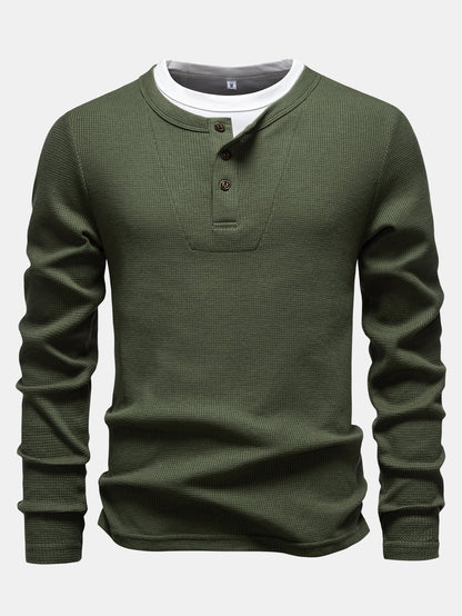 Camisa Henley de malha waffle 2 em 1 de manga longa