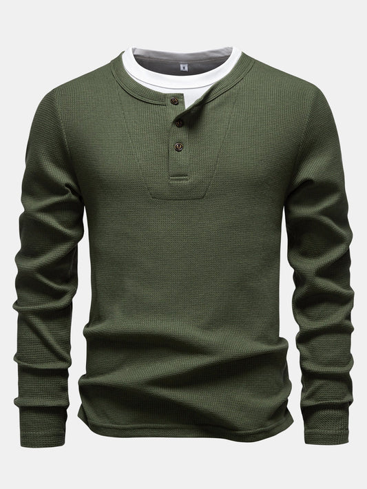 Camisa Henley de malha waffle 2 em 1 de manga longa