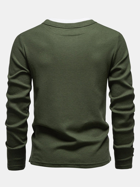 Camisa Henley de malha waffle 2 em 1 de manga longa