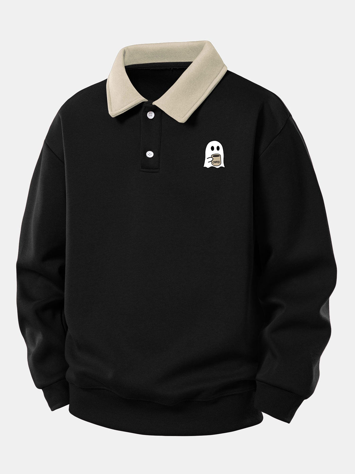 Coffee Ghost Print Polo Sweatshirt & Straight Sweatpants Set