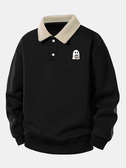 Coffee Ghost Print Polo Sweatshirt & Straight Sweatpants Set