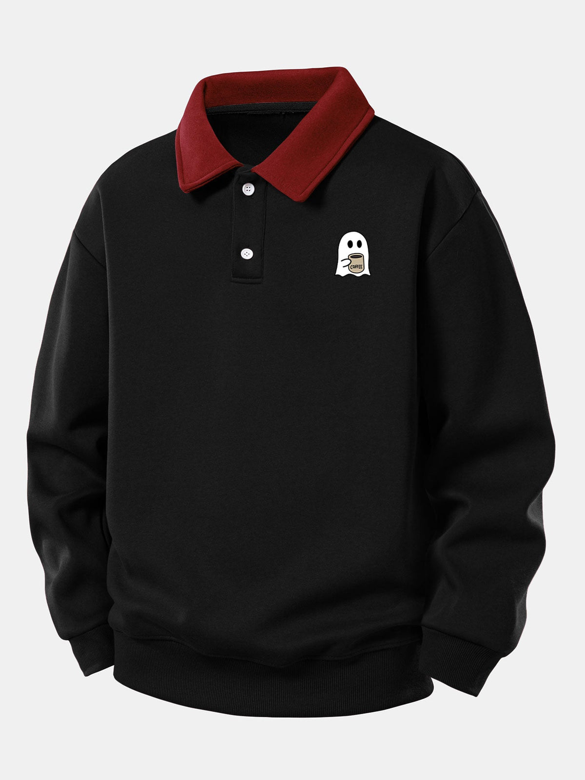 Coffee Ghost Print Polo Sweatshirt & Straight Sweatpants Set