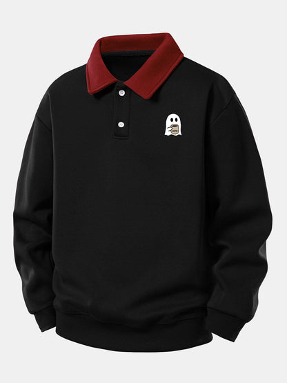 Coffee Ghost Print Polo Sweatshirt & Straight Sweatpants Set