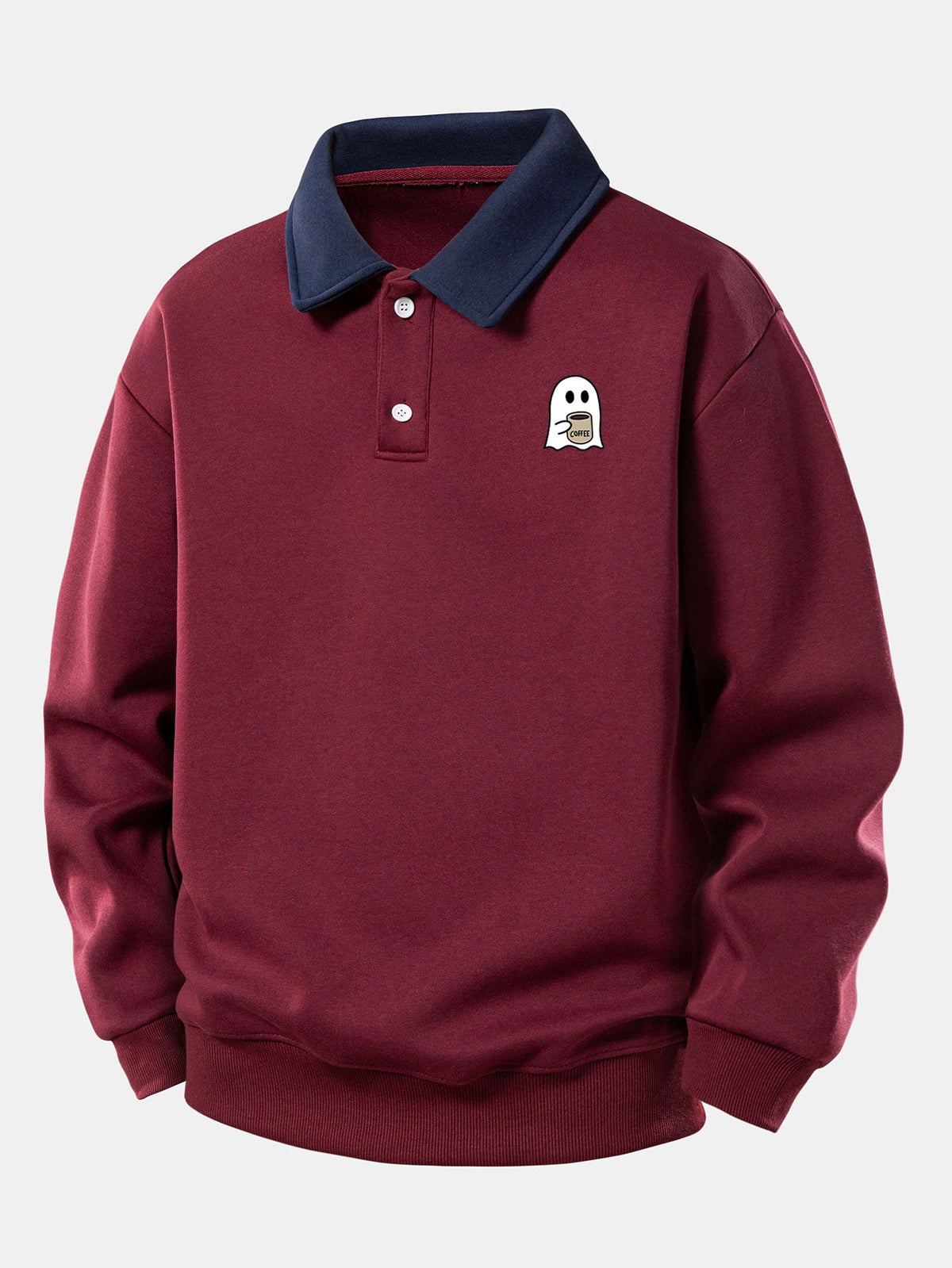 Coffee Ghost Print Polo Sweatshirt & Straight Sweatpants Set