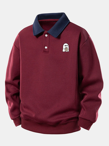 Coffee Ghost Print Polo Sweatshirt & Straight Sweatpants Set