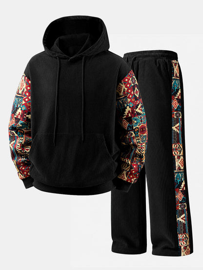 Geometric Jacquard Corduroy Patchwork Hoodie & Trousers Set