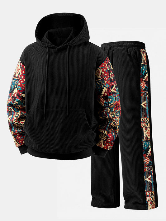 Geometric Jacquard Corduroy Patchwork Hoodie & Trousers Set