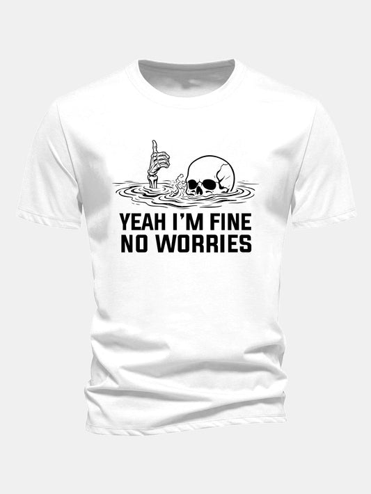 "Yes, I'm Fine" Skeleton Print Cotton T-Shirt