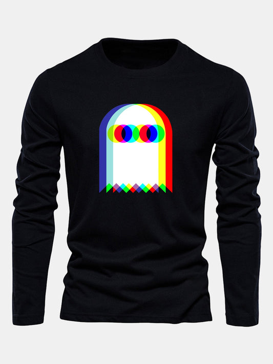 Glitch Ghost Print Long Sleeve Cotton T-Shirt