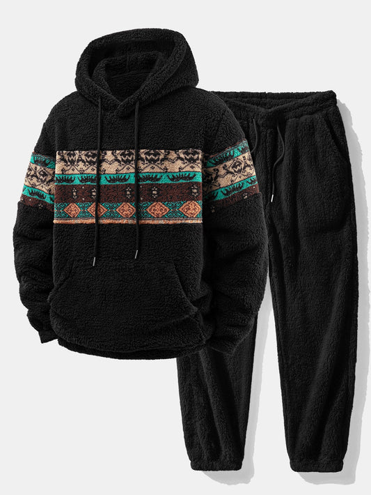 Geometric Patchwork Plush Hoodie & Joggers Set