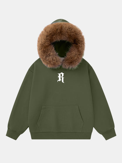 Letter R Print Faux Fur Trim Hoodie