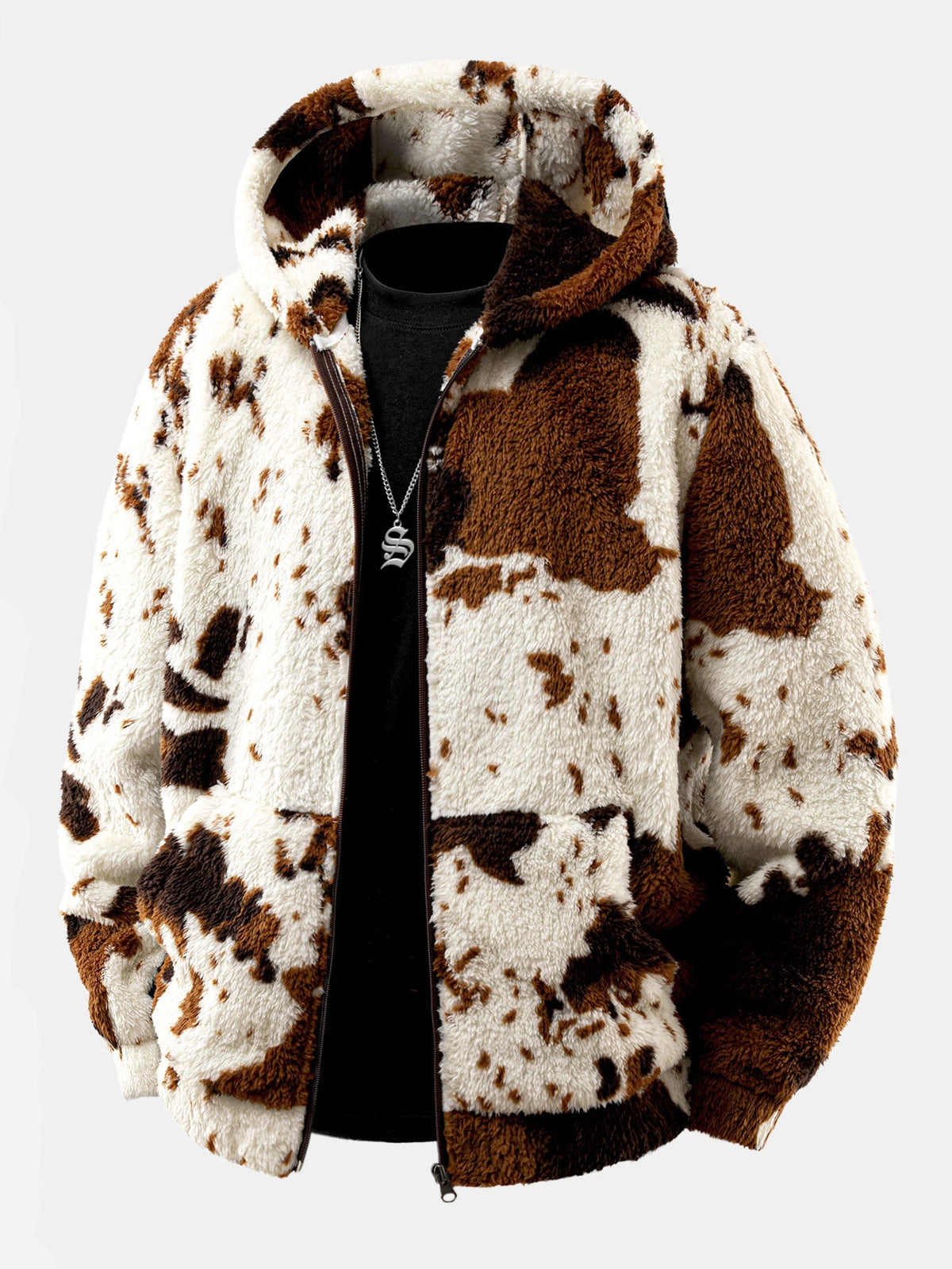 Cow Print Teddy Fleece Zip Hooded Jacket