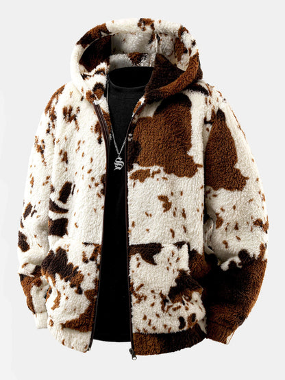 Cow Print Teddy Fleece Zip Hooded Jacket