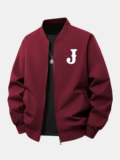 Letter J Print Relaxed Zip Bomber Jacket