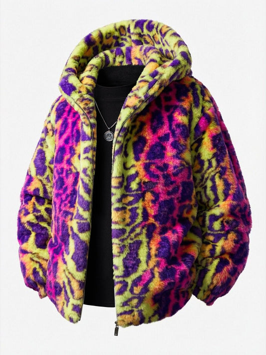 Casaco com Capuz de Pelo Sintético Estampa Leopardo Colorido com Zíper