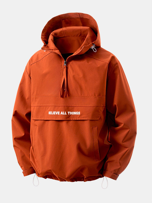 Anorak com capuz e zíper de meia abertura contra o vento
