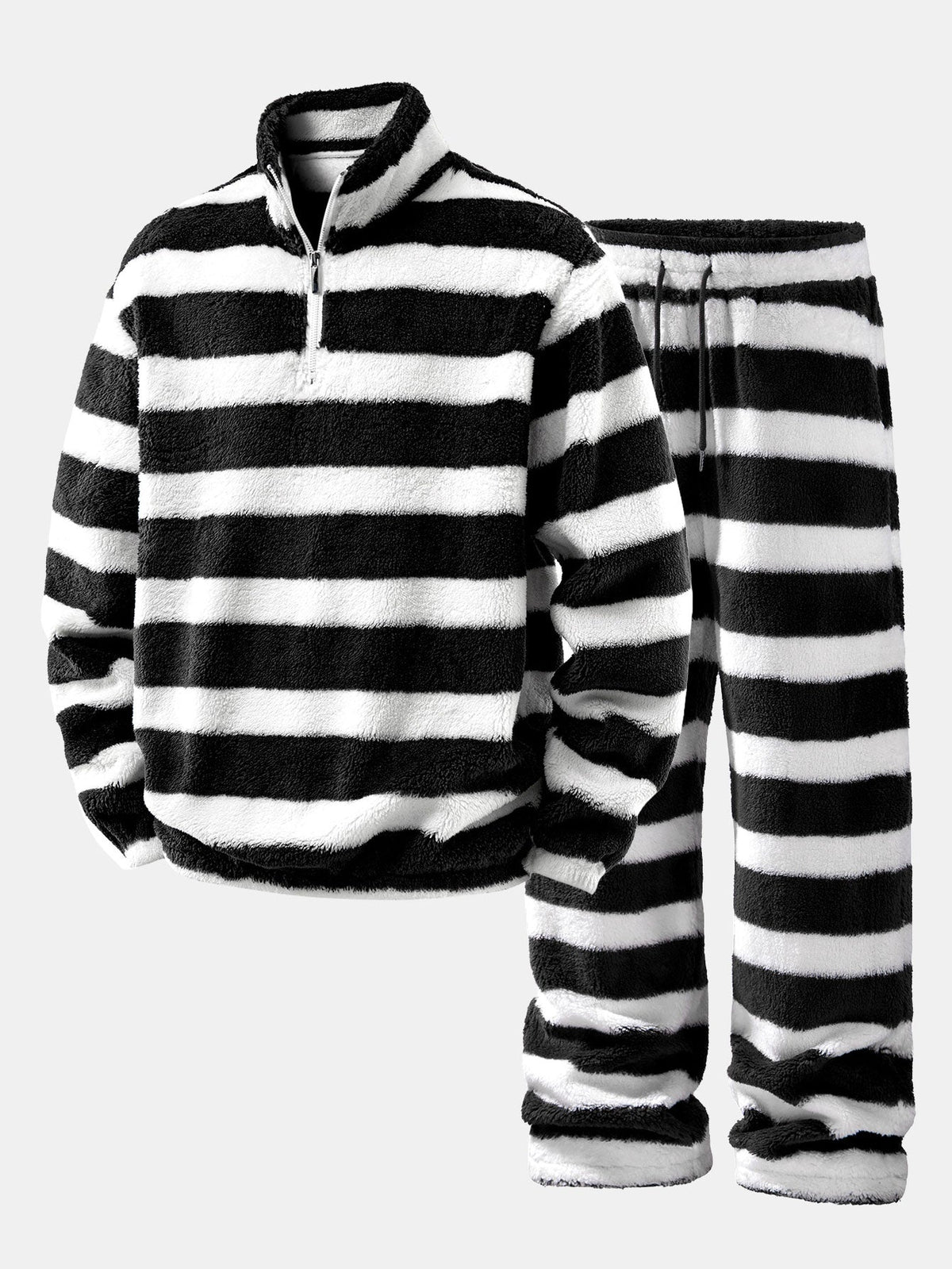Striped Teddy Fleece Quarter-Zip & Straight Trousers Set