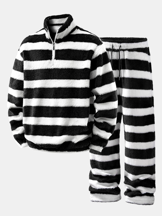 Striped Teddy Fleece Quarter-Zip & Straight Trousers Set