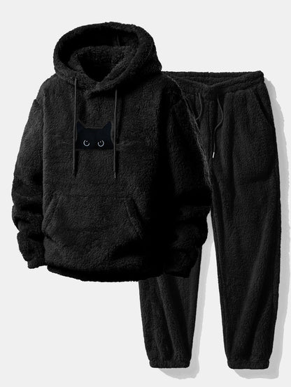 Embroidered Black Cat Teddy Hoodie & Joggers Set