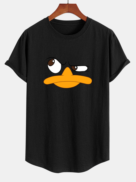 Emoji Duck Print Curved Hem Cotton T-Shirt
