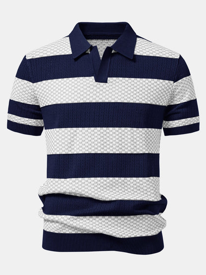 Polo de tricô texturizado listrado com decote em V