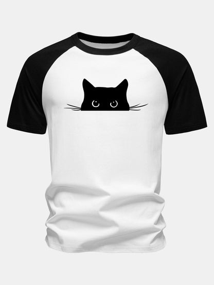 Camiseta de algodão com mangas raglã e estampa de gato preto
