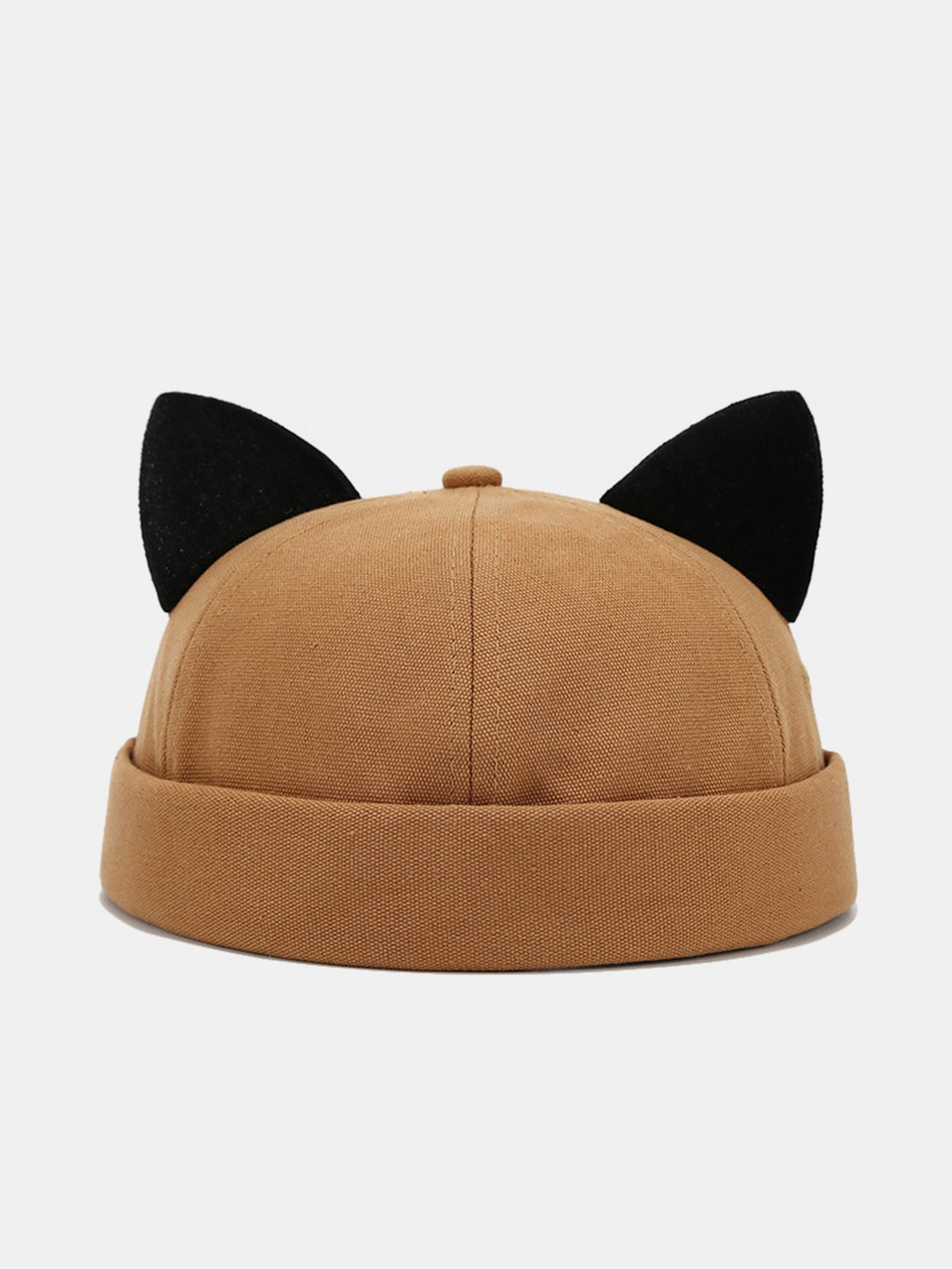 Gorro docker de pelúcia de cor sólida com orelhas de gato, punho dobrado, algodão macio e sem aba