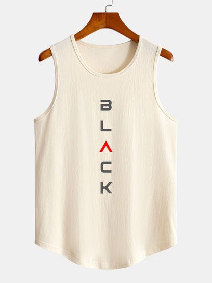 Black Print Curved Hem Cotton Muscle Tank