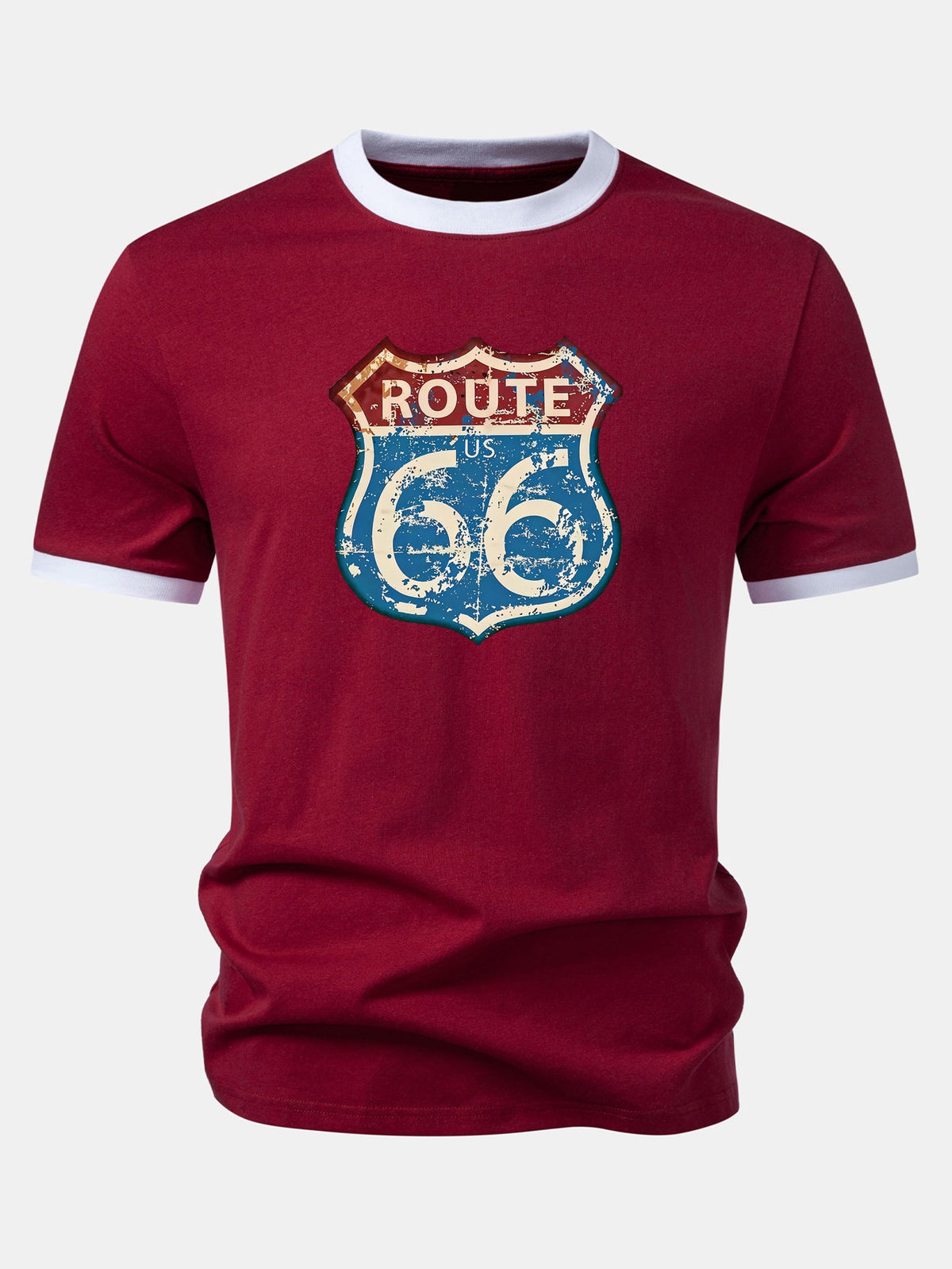 Camiseta Vintage com Estampa da Rota 66 dos EUA e Detalhe Contrastante no Gola e Mangas