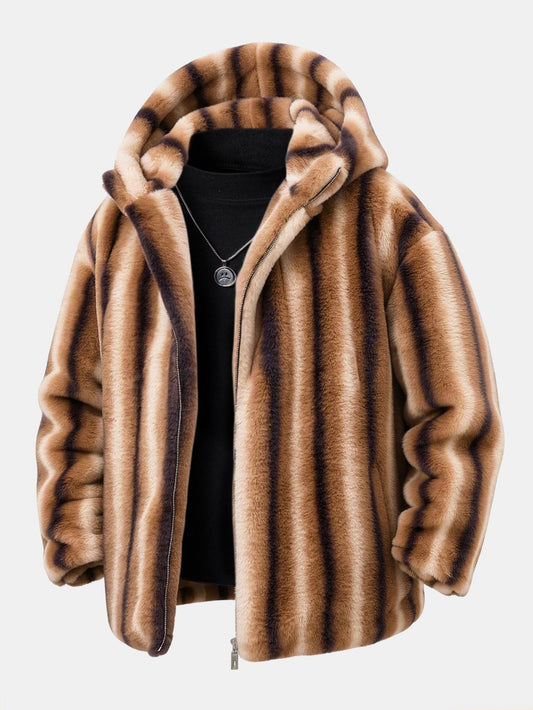 Striped Faux Fur Zip Hooded Jacket