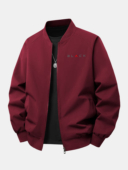 Jaqueta bomber preta estampada, de corte confortável e com zíper
