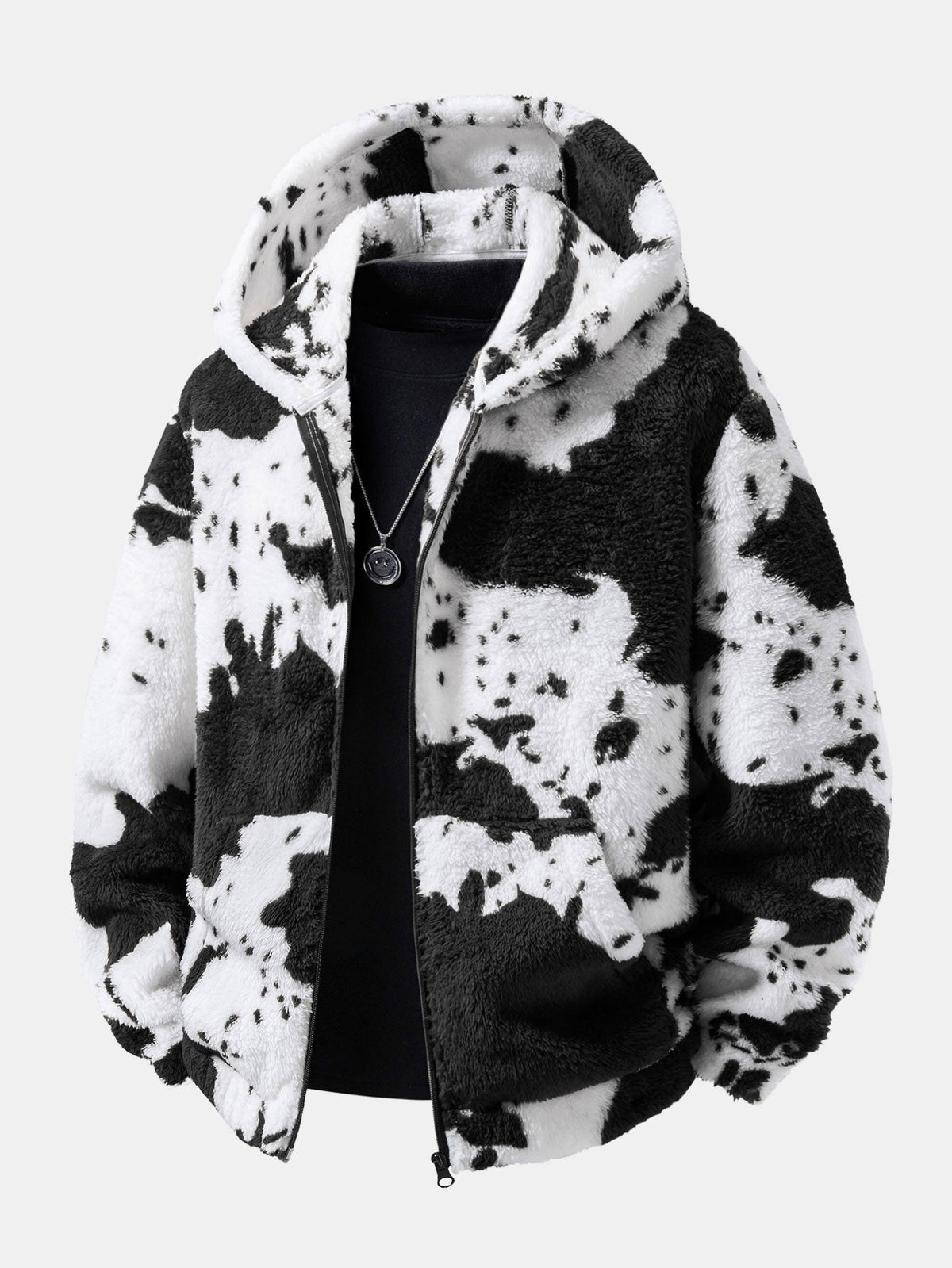 Cow Print Teddy Zip Hooded Jacket & Joggers Set
