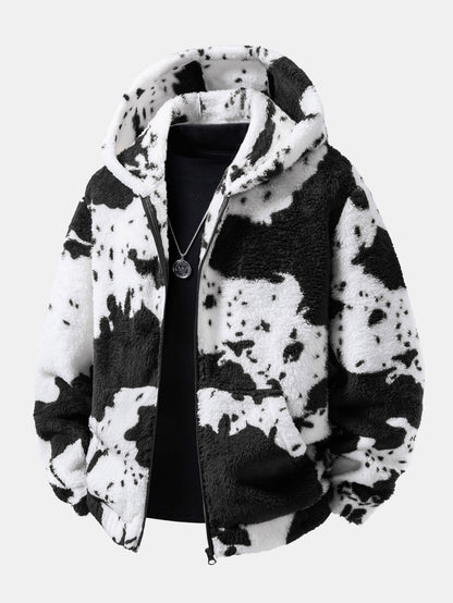 Cow Print Teddy Zip Hooded Jacket & Joggers Set