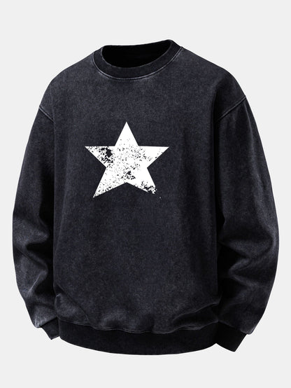Star Print Washed Distressed Relaxed Sweatshirt