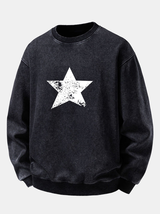 Star Print Washed Distressed Relaxed Sweatshirt
