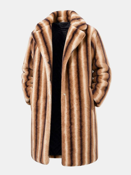 Striped Faux Fur Longline Notch Lapel Coat